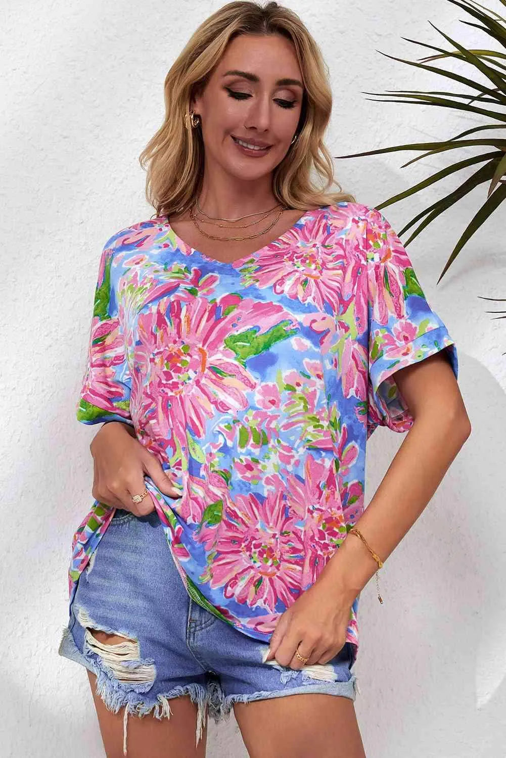 Floral V-Neck Short Sleeve Blouse Blouses - Tophatter Daily Deals